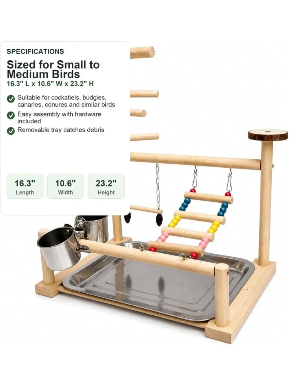 Natural Wood Bird Playground Stand with Ladder, Swing, Food & Water Bowls for